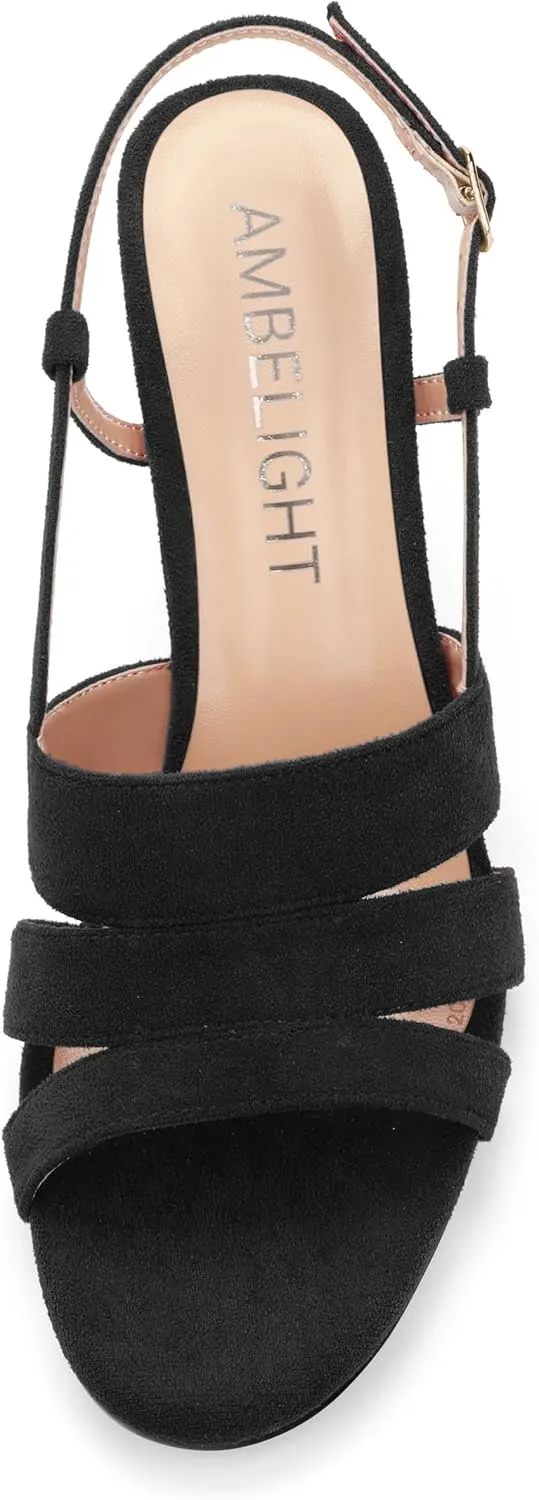 AMBELIGHT Women'S Strappy Low Kitten Slingback Heels Round Open Toe Ankle Buckle Suede Sandals Casual Comfortable Dress Wedding Work Shoes For Women 2.5 Inch