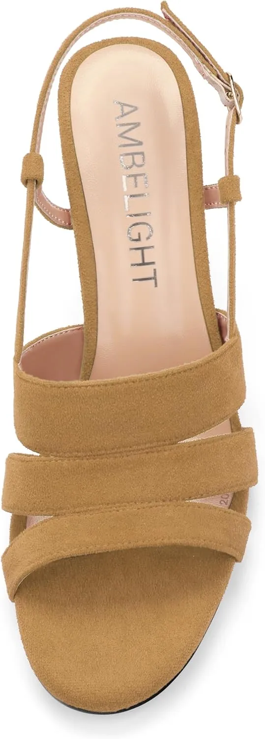 AMBELIGHT Women'S Strappy Low Kitten Slingback Heels Round Open Toe Ankle Buckle Suede Sandals Casual Comfortable Dress Wedding Work Shoes For Women 2.5 Inch