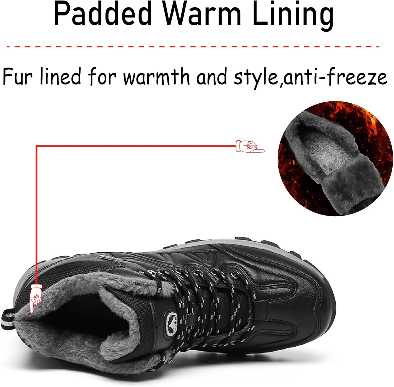Asifn Mens Hiking Snow Boots Padded Warm Cotton Shoes Non-slip Lightweight Sneakers Waterproof Fur Lined Bare Boots