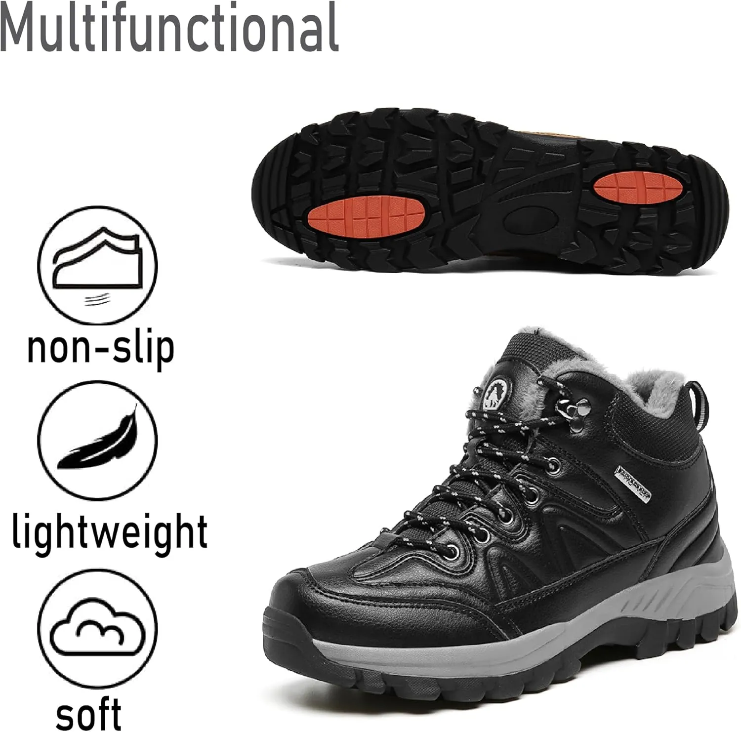 Asifn Mens Hiking Snow Boots Padded Warm Cotton Shoes Non-slip Lightweight Sneakers Waterproof Fur Lined Bare Boots
