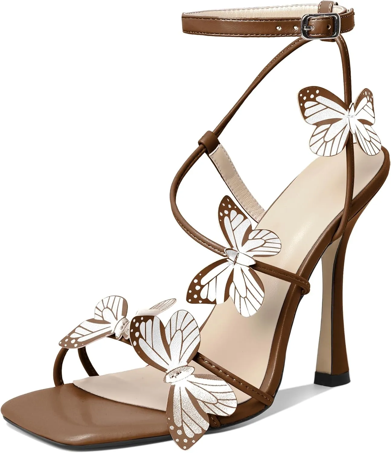 AUMOTED Womens Butterfly Heels Sandals Stilettos High Heels Strappy Square Open Toe Spool Butterfly Heeled Sandals 4 Inch Wedding Dress Shoes