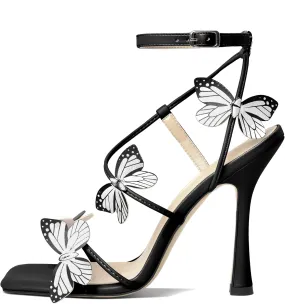AUMOTED Womens Butterfly Heels Sandals Stilettos High Heels Strappy Square Open Toe Spool Butterfly Heeled Sandals 4 Inch Wedding Dress Shoes