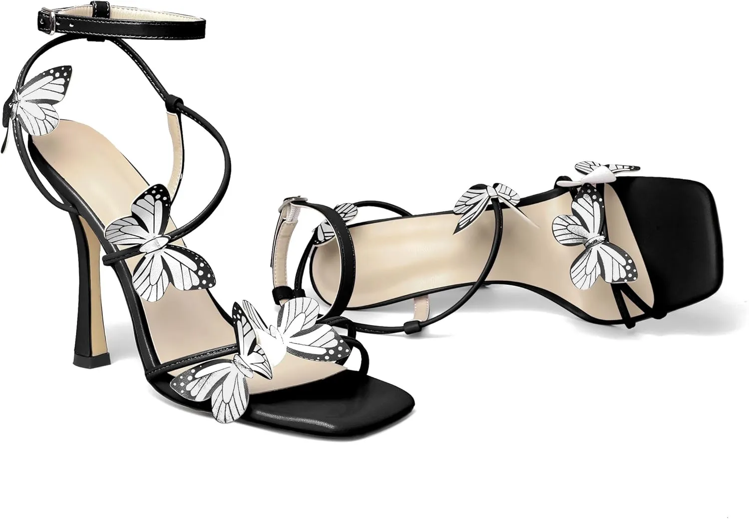 AUMOTED Womens Butterfly Heels Sandals Stilettos High Heels Strappy Square Open Toe Spool Butterfly Heeled Sandals 4 Inch Wedding Dress Shoes