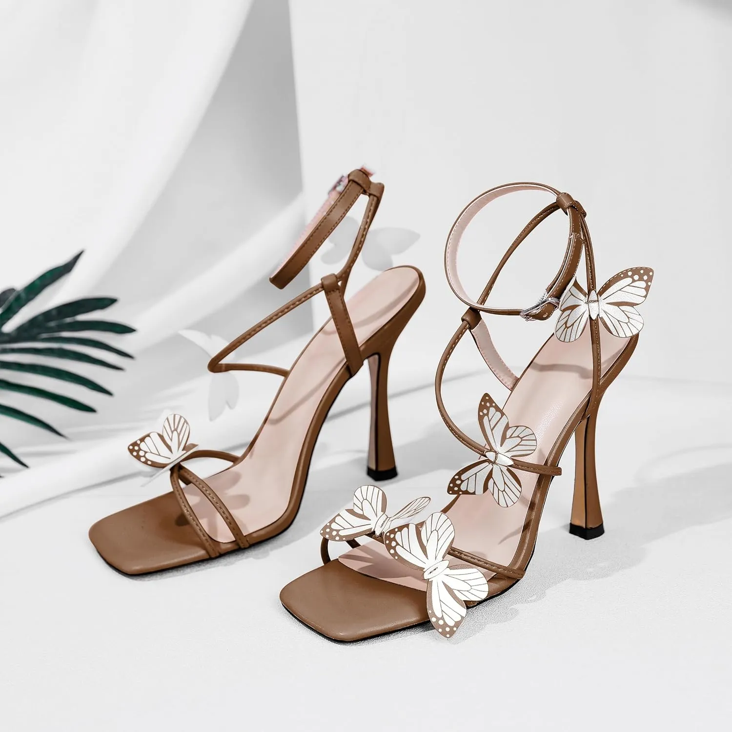 AUMOTED Womens Butterfly Heels Sandals Stilettos High Heels Strappy Square Open Toe Spool Butterfly Heeled Sandals 4 Inch Wedding Dress Shoes