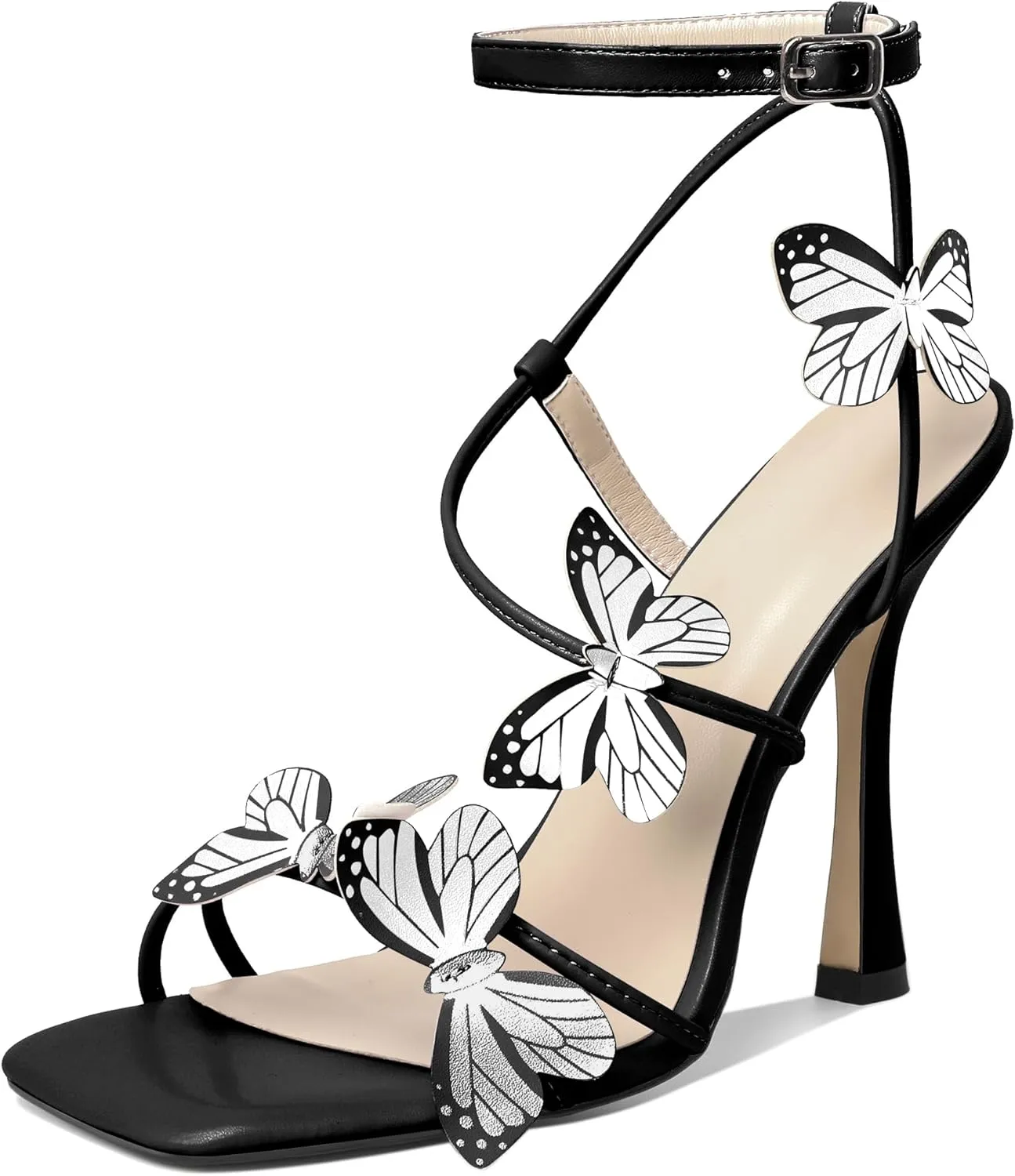AUMOTED Womens Butterfly Heels Sandals Stilettos High Heels Strappy Square Open Toe Spool Butterfly Heeled Sandals 4 Inch Wedding Dress Shoes