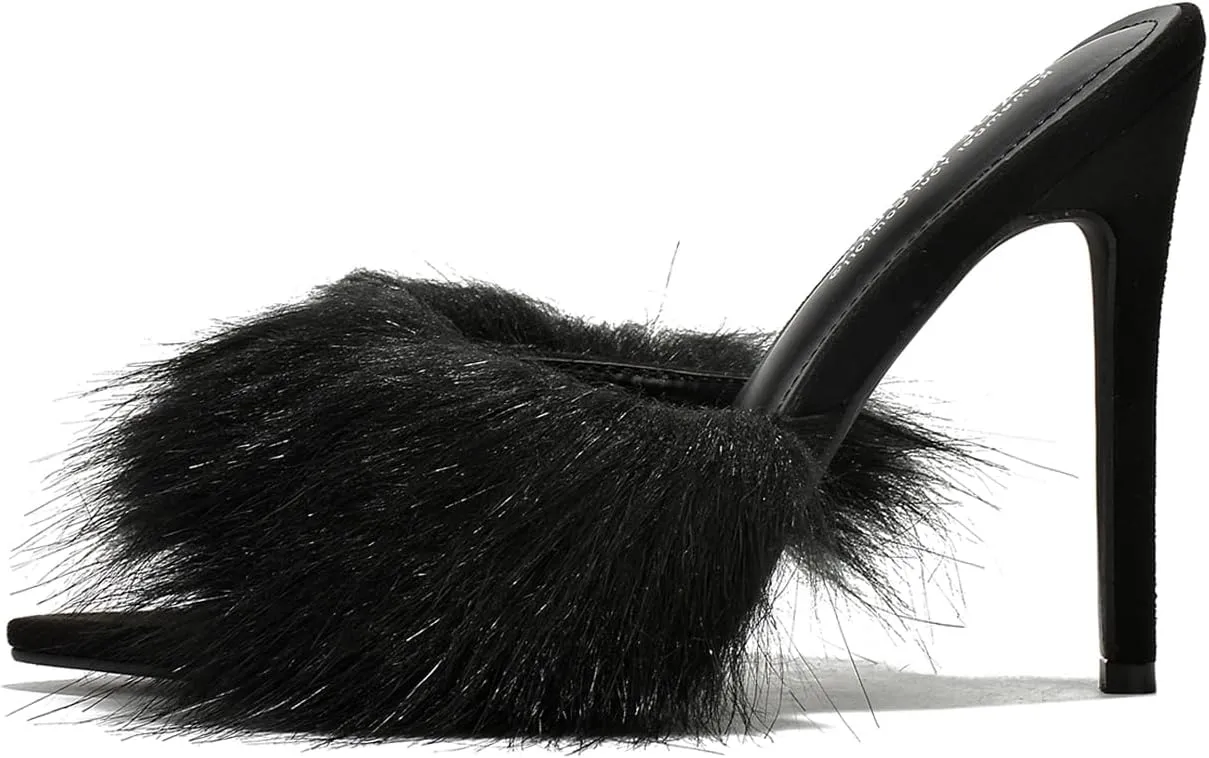 Cape Robbin Fuji Faux Fur Open Pointy Toe Stiletto Mule Heel Sandal-Open Peep Toe Slip on Stiletto High Heels Sandals for women