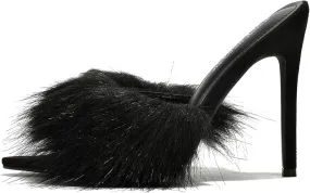 Cape Robbin Fuji Faux Fur Open Pointy Toe Stiletto Mule Heel Sandal-Open Peep Toe Slip on Stiletto High Heels Sandals for women