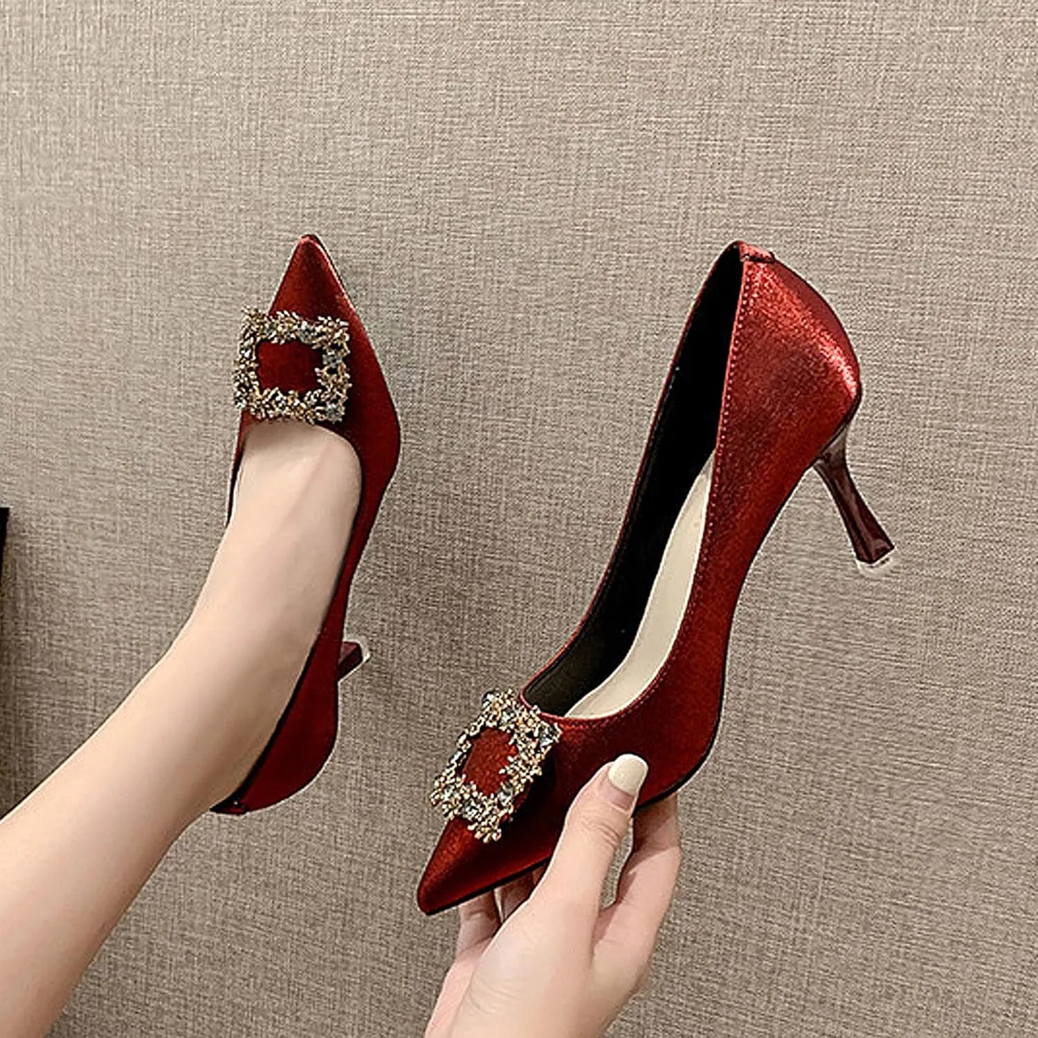 Closed Toe High Heels Rhinestone Pumps Stiletto Sparkly Pointed Wedding Bridal Dress Shoes Banquet Rhinestones Square Buckle Red