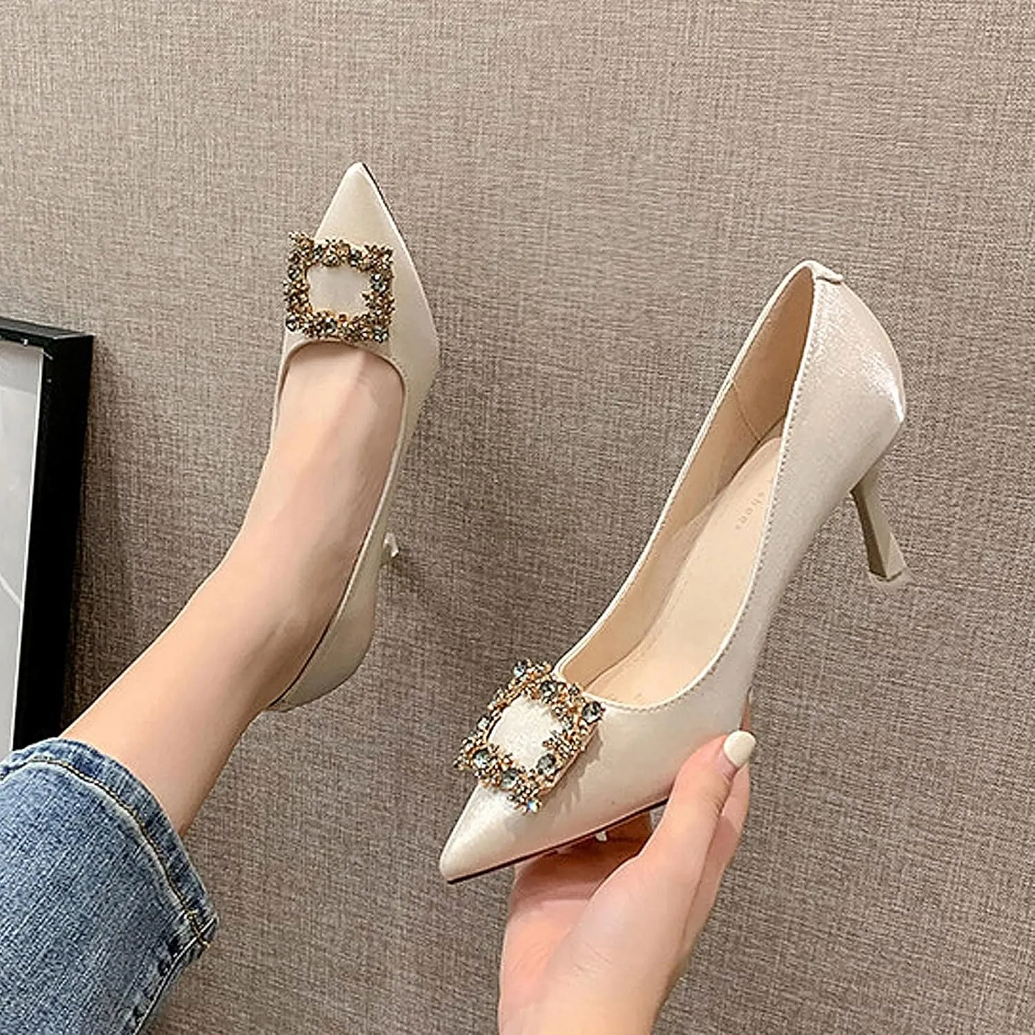 Closed Toe High Heels Rhinestone Pumps Stiletto Sparkly Pointed Wedding Bridal Dress Shoes Banquet Rhinestones Square Buckle Red