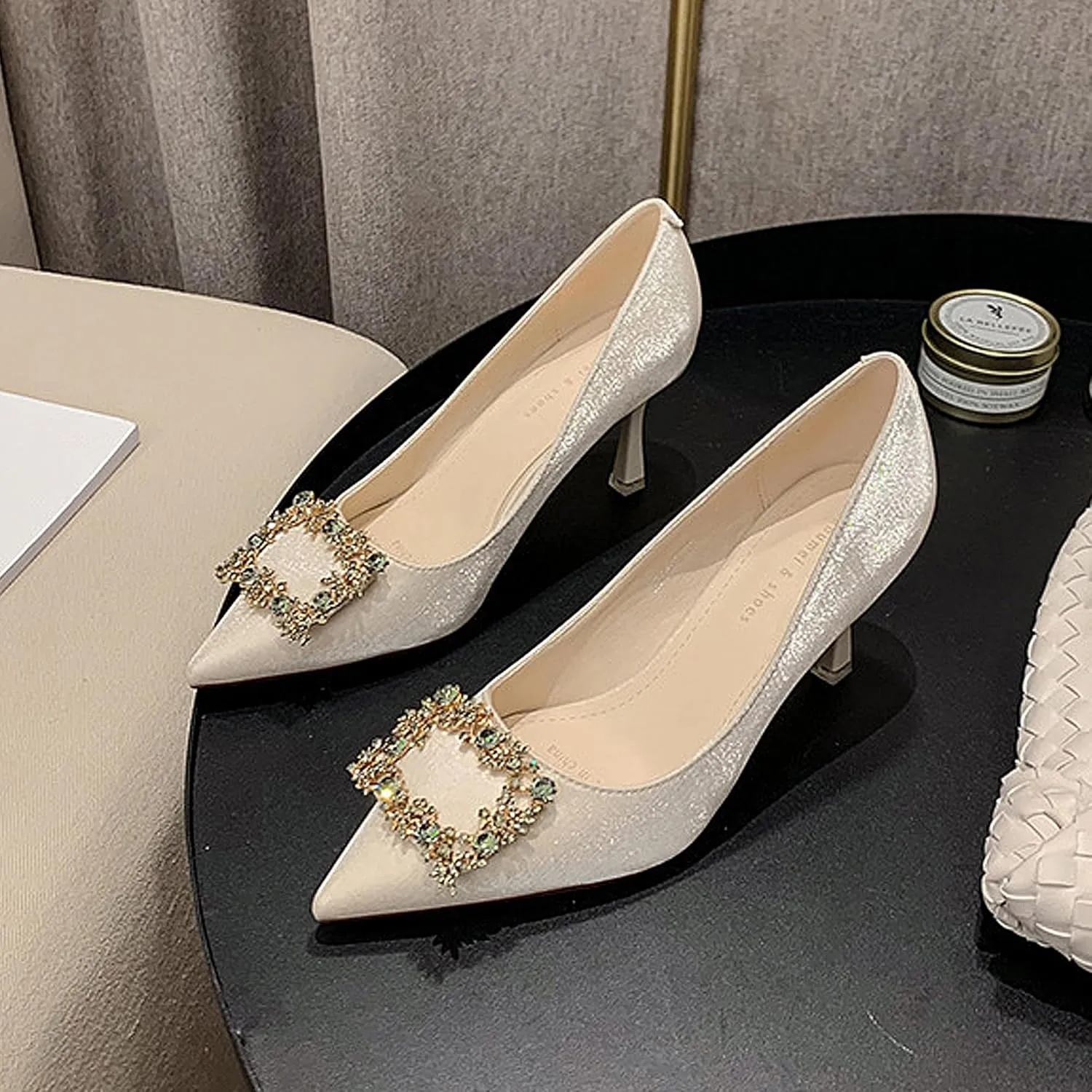 Closed Toe High Heels Rhinestone Pumps Stiletto Sparkly Pointed Wedding Bridal Dress Shoes Banquet Rhinestones Square Buckle Red
