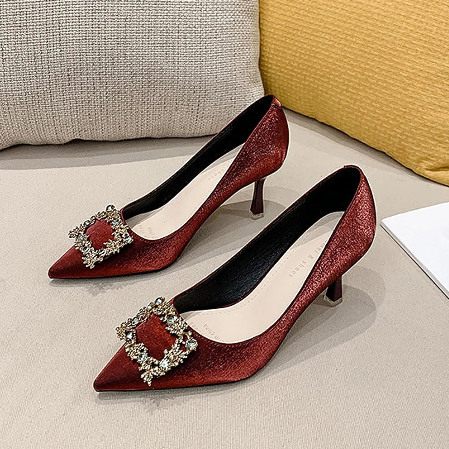 Closed Toe High Heels Rhinestone Pumps Stiletto Sparkly Pointed Wedding Bridal Dress Shoes Banquet Rhinestones Square Buckle Red