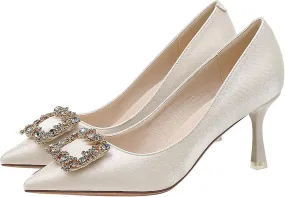 Closed Toe High Heels Rhinestone Pumps Stiletto Sparkly Pointed Wedding Bridal Dress Shoes Banquet Rhinestones Square Buckle Red