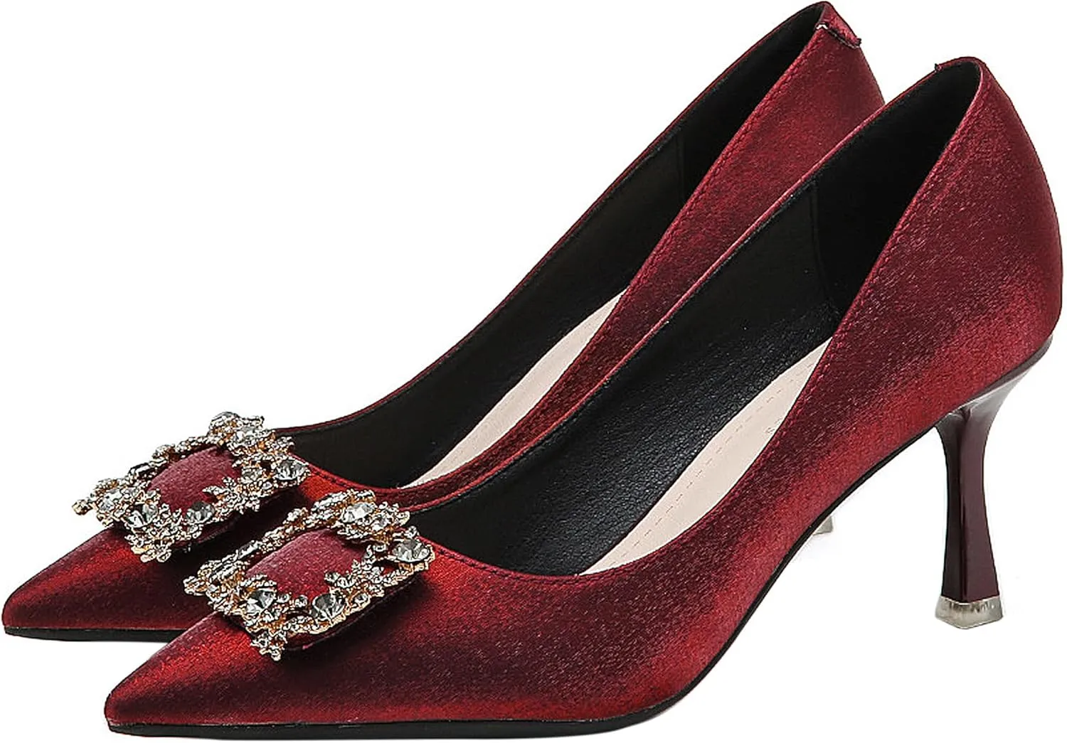 Closed Toe High Heels Rhinestone Pumps Stiletto Sparkly Pointed Wedding Bridal Dress Shoes Banquet Rhinestones Square Buckle Red
