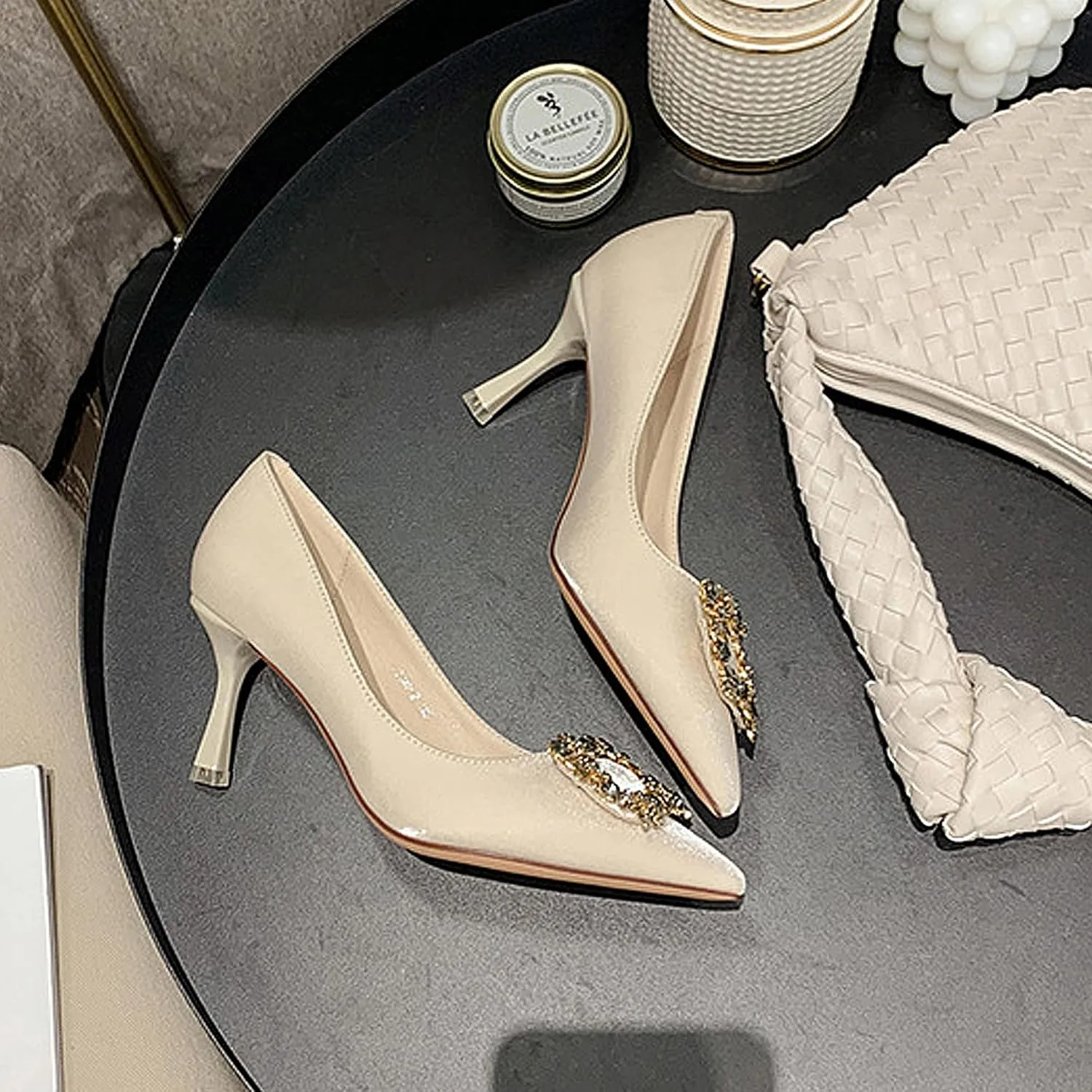 Closed Toe High Heels Rhinestone Pumps Stiletto Sparkly Pointed Wedding Bridal Dress Shoes Banquet Rhinestones Square Buckle Red