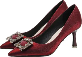 Closed Toe High Heels Rhinestone Pumps Stiletto Sparkly Pointed Wedding Bridal Dress Shoes Banquet Rhinestones Square Buckle Red