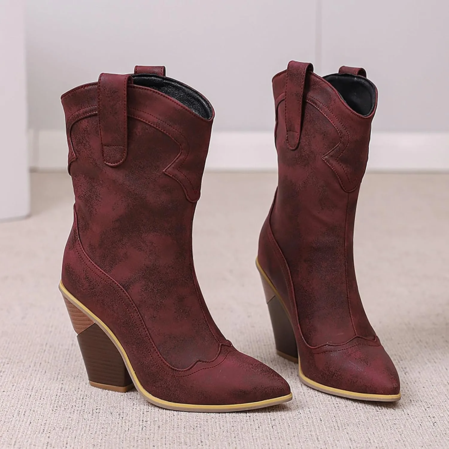 Cowboy Boots For Women Western Boot Pointed Toe Low Chunky Heel Short Ankle Boots for Women Wide Calf Winter Ankle Combat