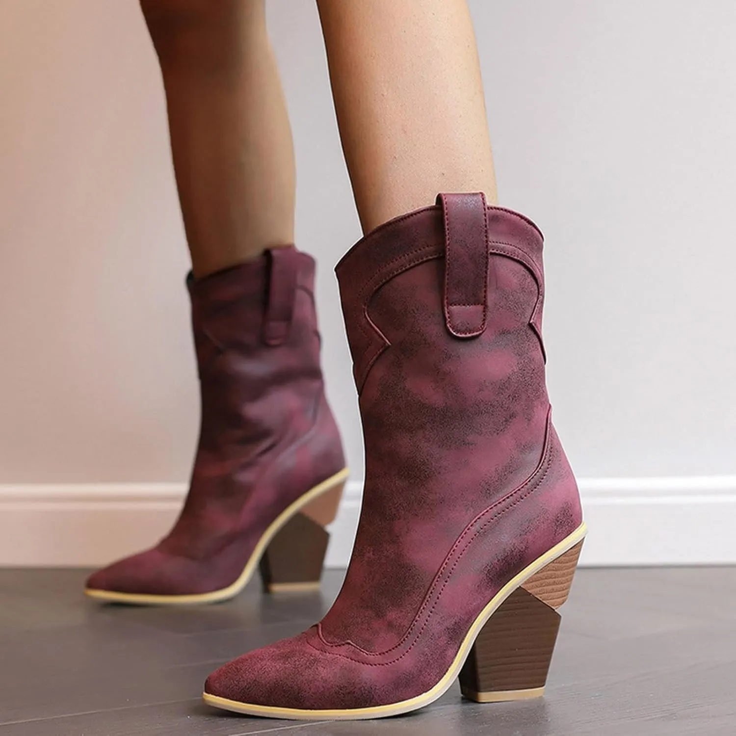 Cowboy Boots For Women Western Boot Pointed Toe Low Chunky Heel Short Ankle Boots for Women Wide Calf Winter Ankle Combat