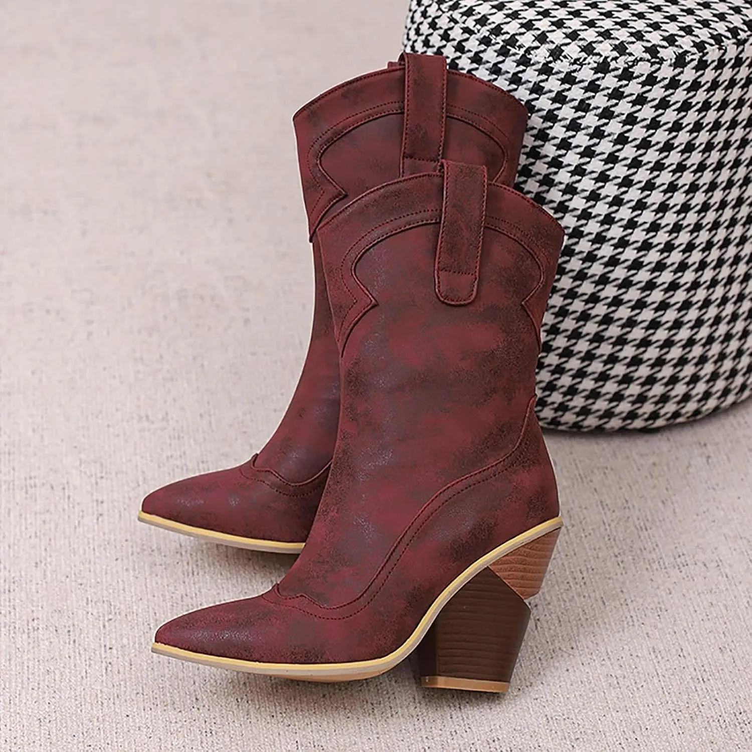 Cowboy Boots For Women Western Boot Pointed Toe Low Chunky Heel Short Ankle Boots for Women Wide Calf Winter Ankle Combat
