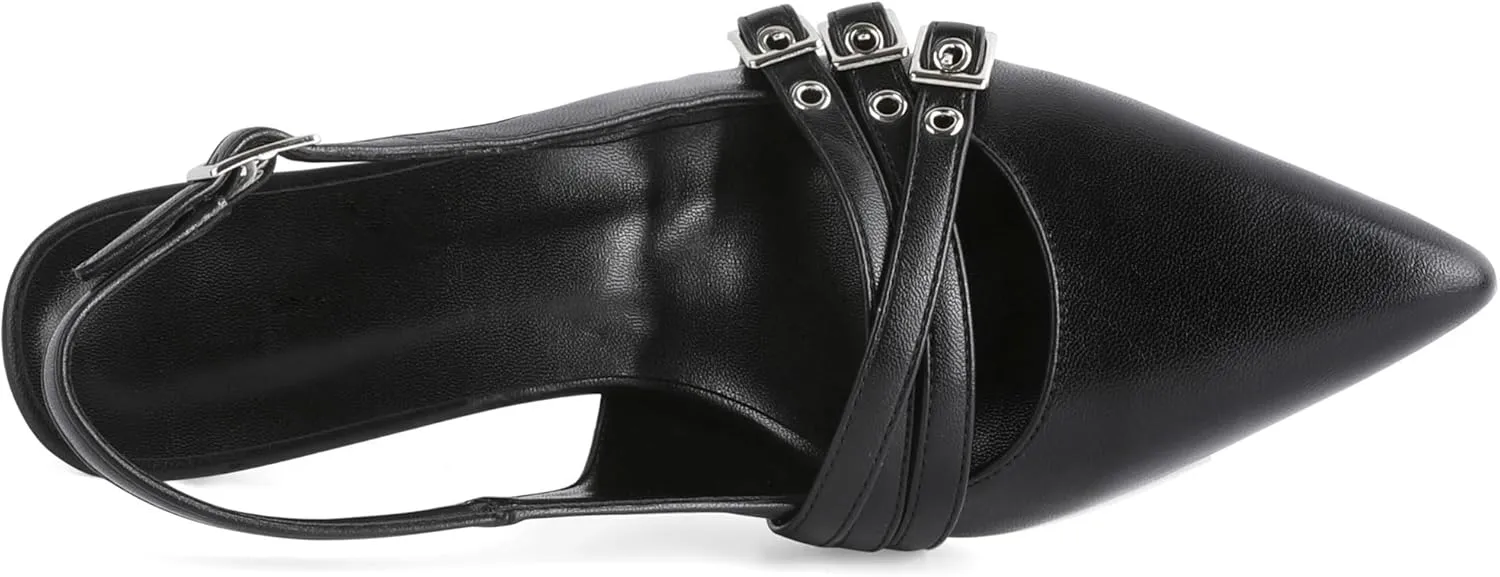 Eldof Women Slingback Heels Eyelet Buckle Strap Pointed Toe Slip On Kitten Heel Pumps Shoes Dressy 2.5 Inches