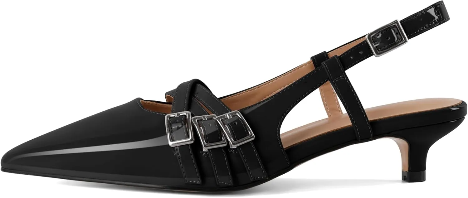 Eldof Women's Slingback Kitten Heels Buckle Strap Pointed Closed Toe Slip On Low Heel Pumps Shoes Dress 1.5 Inches