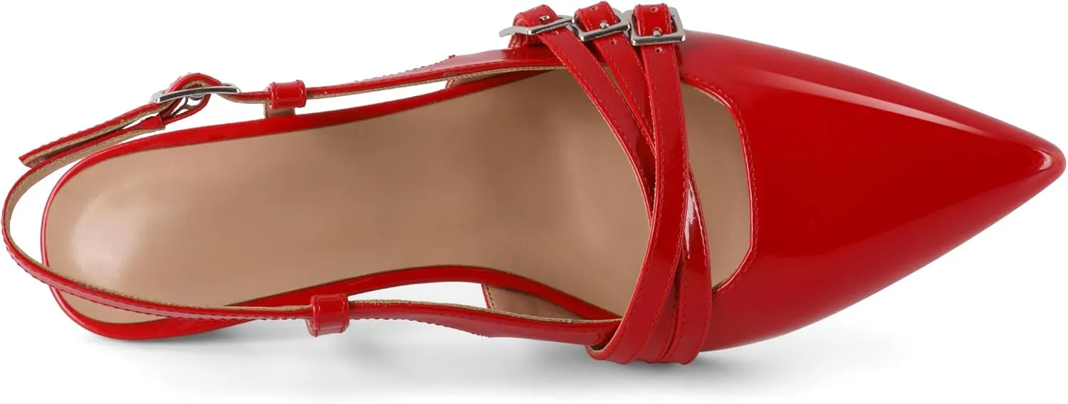 Eldof Women's Slingback Kitten Heels Buckle Strap Pointed Closed Toe Slip On Low Heel Pumps Shoes Dress 1.5 Inches