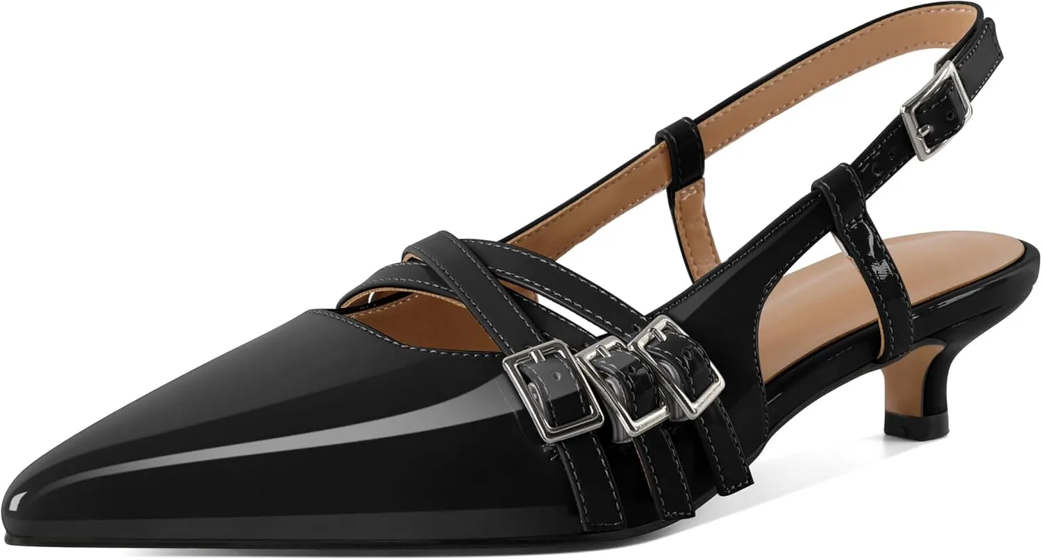 Eldof Women's Slingback Kitten Heels Buckle Strap Pointed Closed Toe Slip On Low Heel Pumps Shoes Dress 1.5 Inches