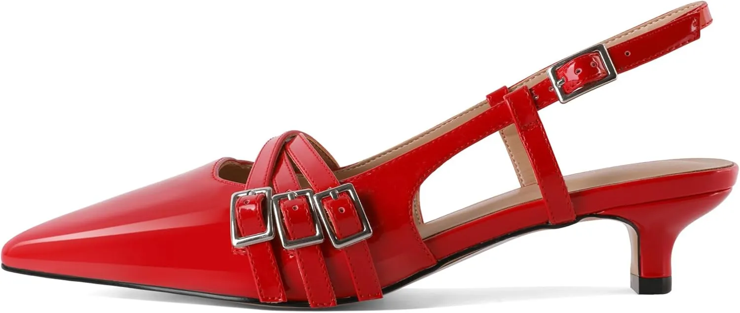 Eldof Women's Slingback Kitten Heels Buckle Strap Pointed Closed Toe Slip On Low Heel Pumps Shoes Dress 1.5 Inches