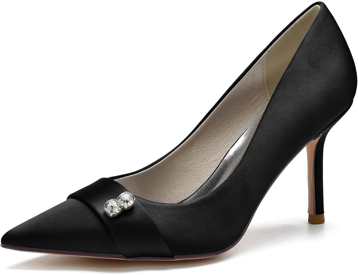 FufoneUS Women's Bridal Shoes Closed Toe 3.35" Stiletto Heel Lace Satin Pumps Evening Wedding Heels,Black,7