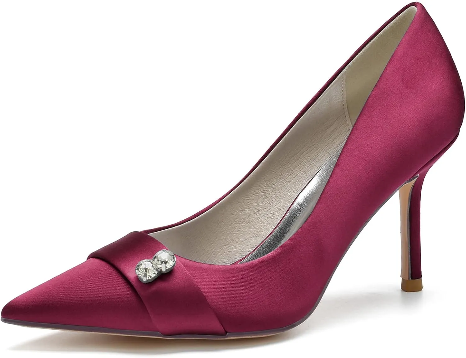 FufoneUS Women's Bridal Shoes Closed Toe 3.35" Stiletto Heel Lace Satin Pumps Evening Wedding Heels,Burgundy,12