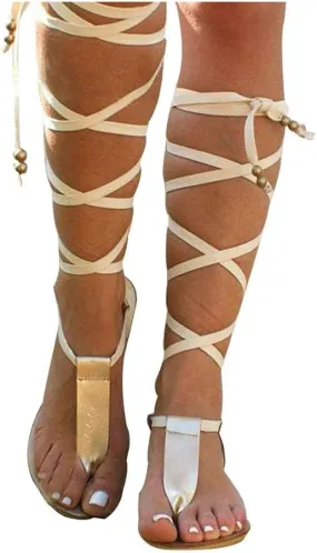 Gladiator Sandals for Women Flat,Women Gladiator Sandals Flat Summer Strappy Lace-Up Open Toe Knee High Flat Sandal