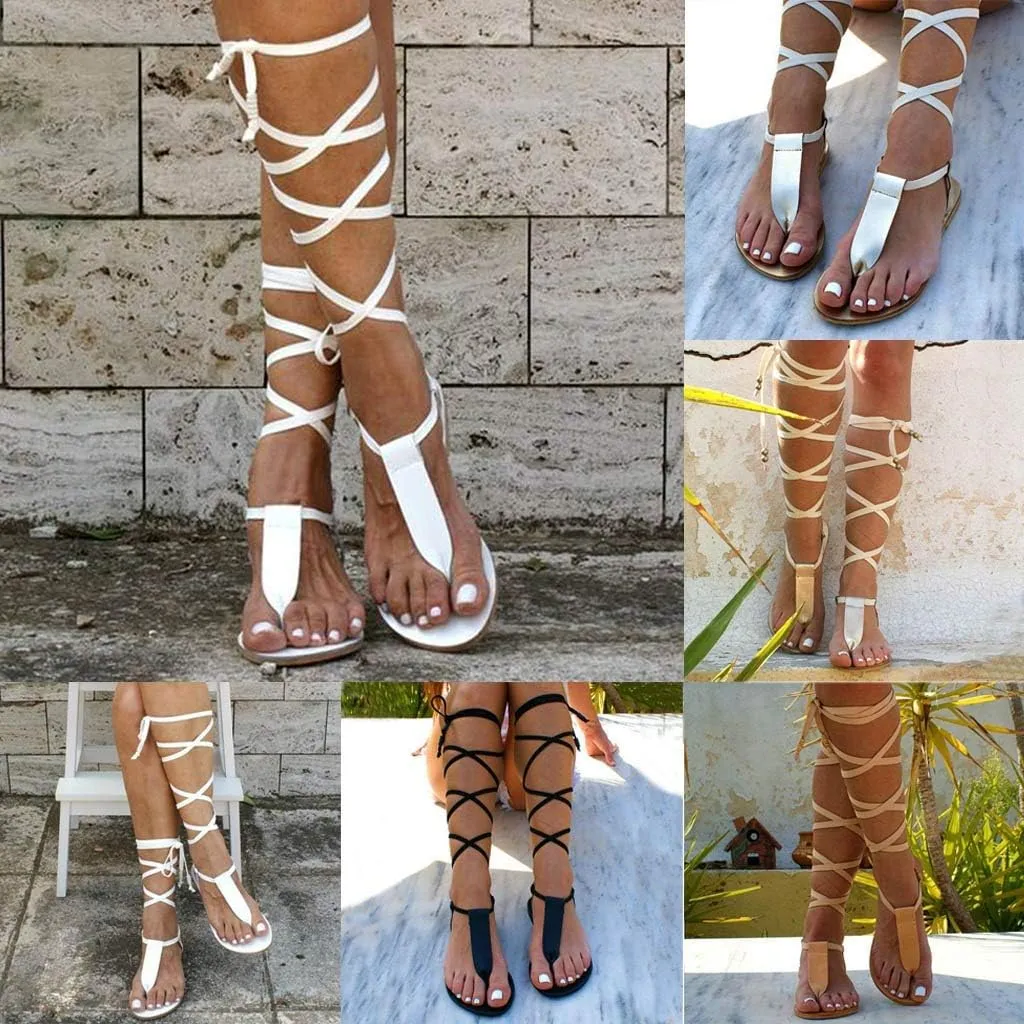 Gladiator Sandals for Women Flat,Women Gladiator Sandals Flat Summer Strappy Lace-Up Open Toe Knee High Flat Sandal