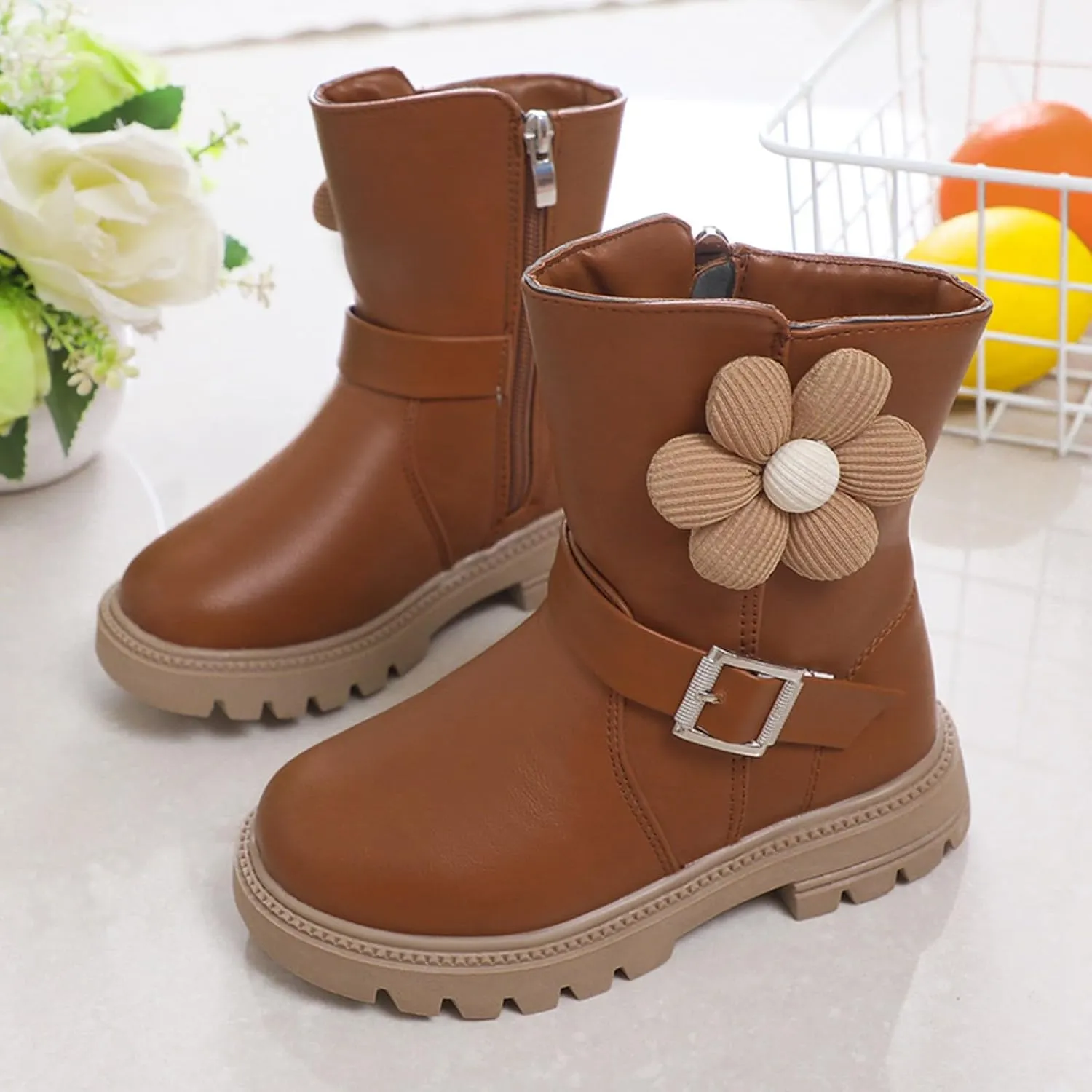 Kids Ankle Boots for Girls Chunky Low Block Heel Short Dress Booties Kids Lightweight Hiking Shoes with Side Zipper