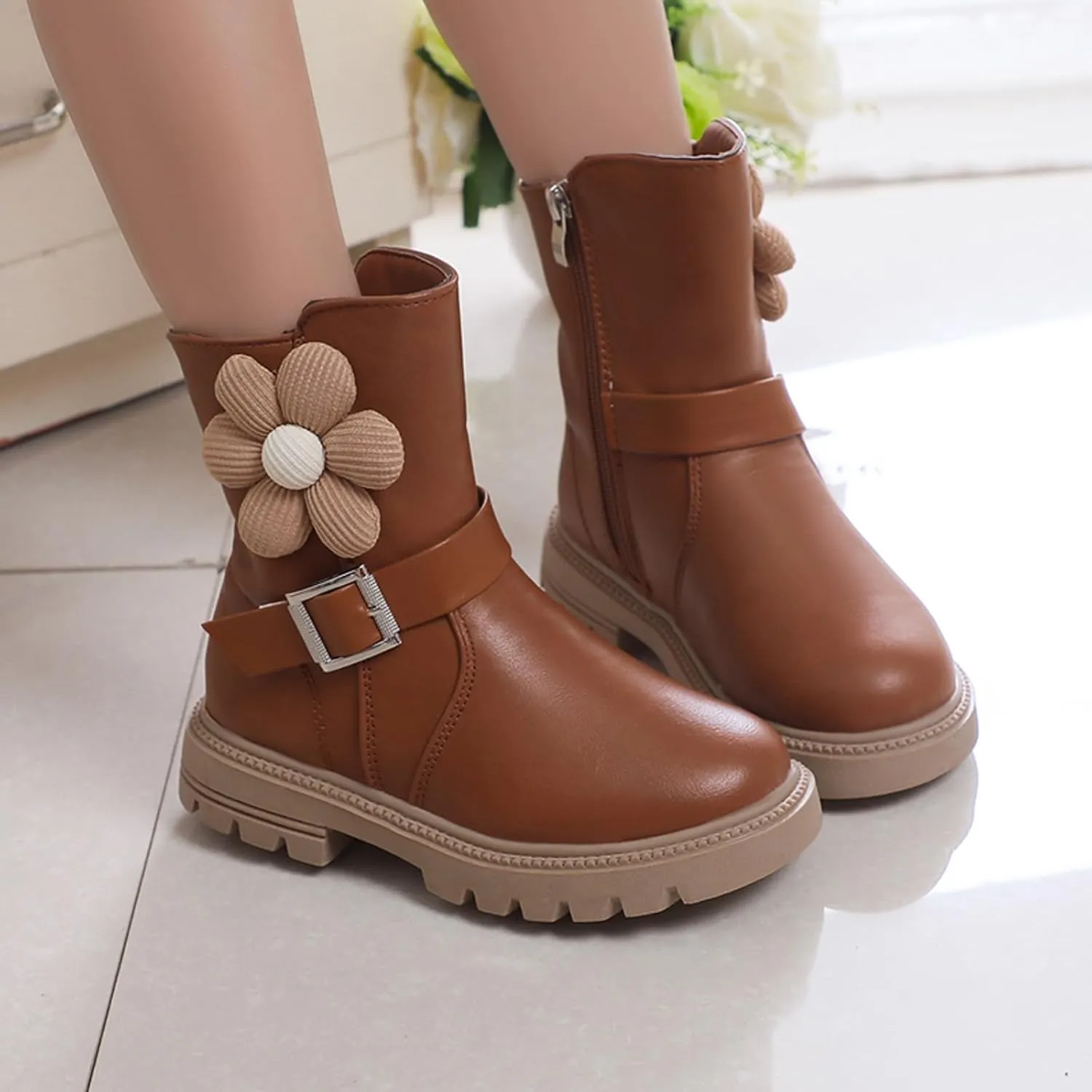 Kids Ankle Boots for Girls Chunky Low Block Heel Short Dress Booties Kids Lightweight Hiking Shoes with Side Zipper