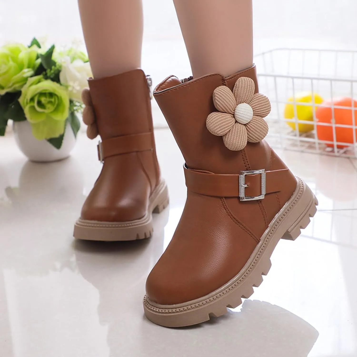 Kids Ankle Boots for Girls Chunky Low Block Heel Short Dress Booties Kids Lightweight Hiking Shoes with Side Zipper