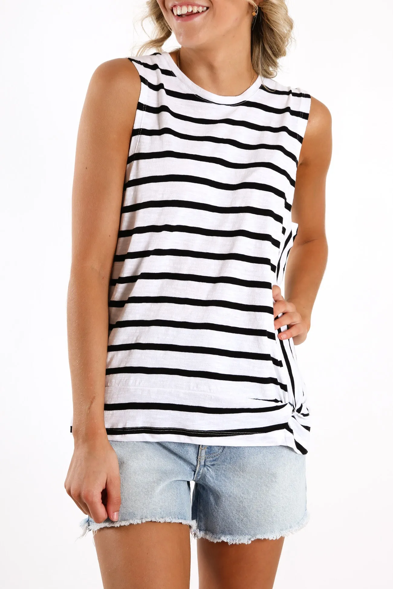 Knot Front Crop Tank Black White Stripe