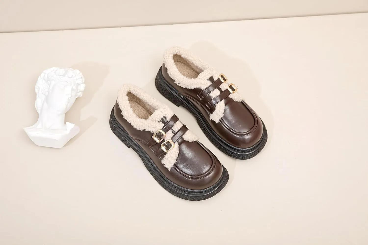Loafers for Women Casual Platform Chunky Heeled Loafers Fashion Warm Fur Lined Suede Mary Jane Shoes Sneakers