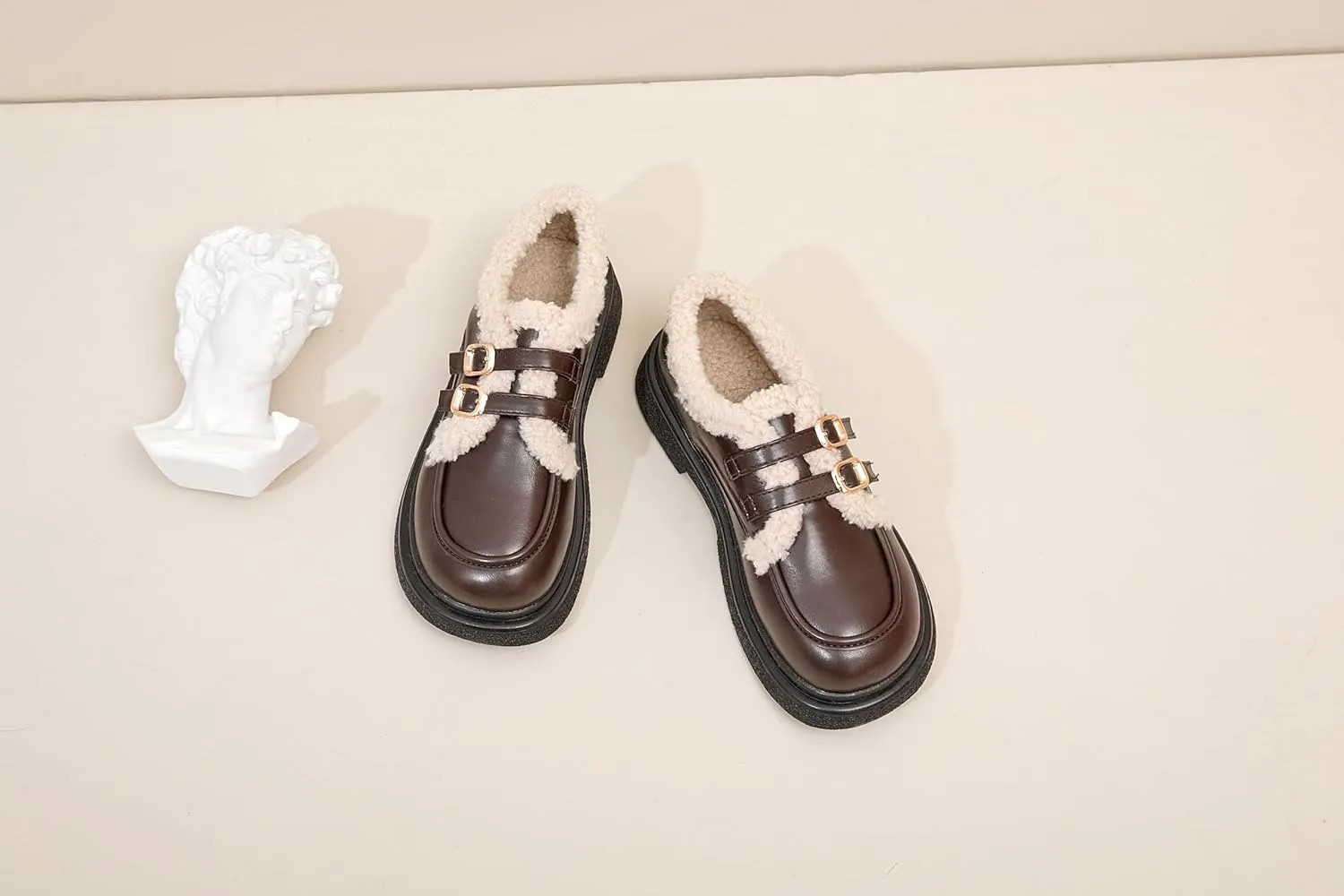 Loafers for Women Casual Platform Chunky Heeled Loafers Fashion Warm Fur Lined Suede Mary Jane Shoes Sneakers