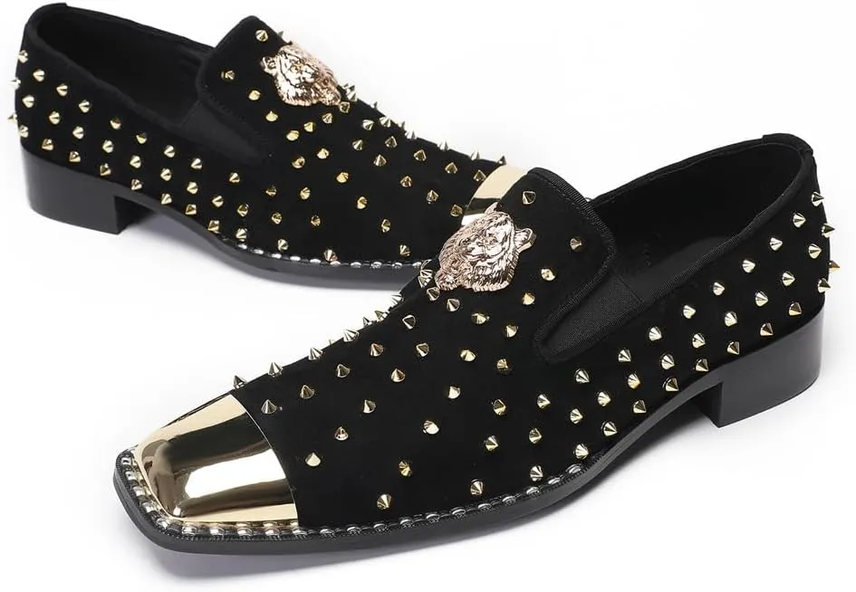 Men's Studded Loafers Penny Loafers Suede Slip-On Dress Shoes with Gold Metal Toe Tiger Emblem Wedding Disco Ballroom Mocasines