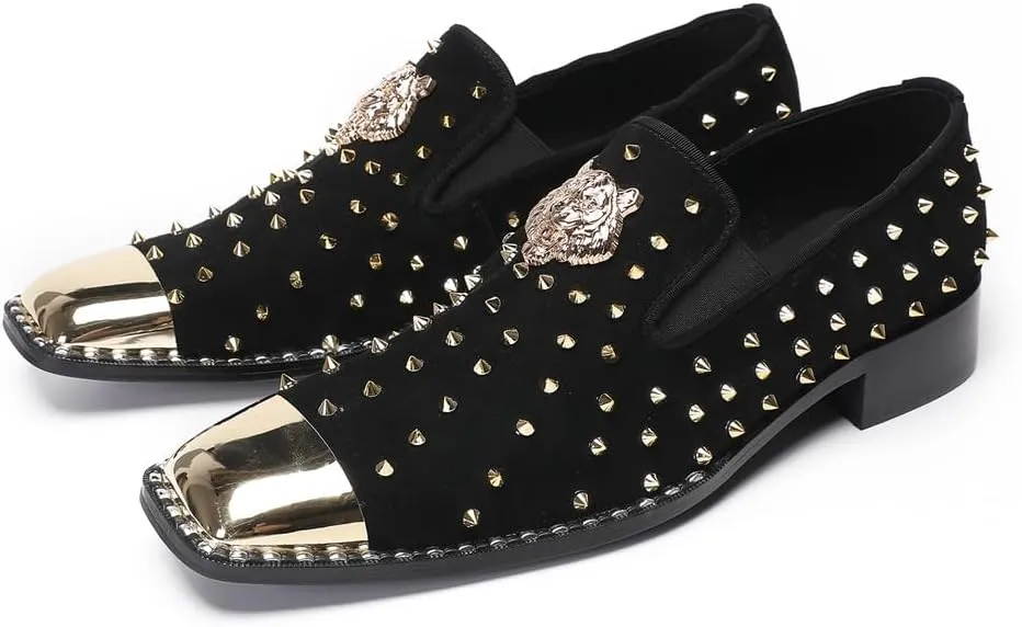 Men's Studded Loafers Penny Loafers Suede Slip-On Dress Shoes with Gold Metal Toe Tiger Emblem Wedding Disco Ballroom Mocasines