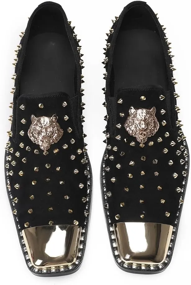 Men's Studded Loafers Penny Loafers Suede Slip-On Dress Shoes with Gold Metal Toe Tiger Emblem Wedding Disco Ballroom Mocasines
