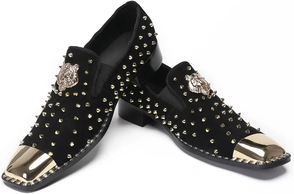 Men's Studded Loafers Penny Loafers Suede Slip-On Dress Shoes with Gold Metal Toe Tiger Emblem Wedding Disco Ballroom Mocasines