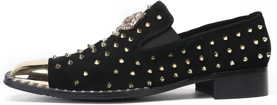 Men's Studded Loafers Penny Loafers Suede Slip-On Dress Shoes with Gold Metal Toe Tiger Emblem Wedding Disco Ballroom Mocasines