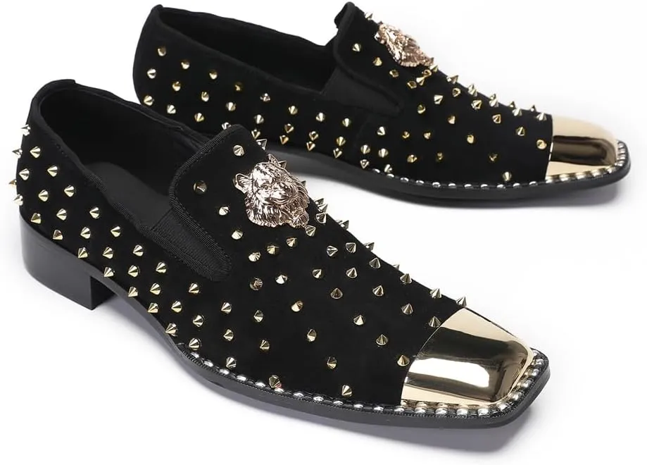 Men's Studded Loafers Penny Loafers Suede Slip-On Dress Shoes with Gold Metal Toe Tiger Emblem Wedding Disco Ballroom Mocasines