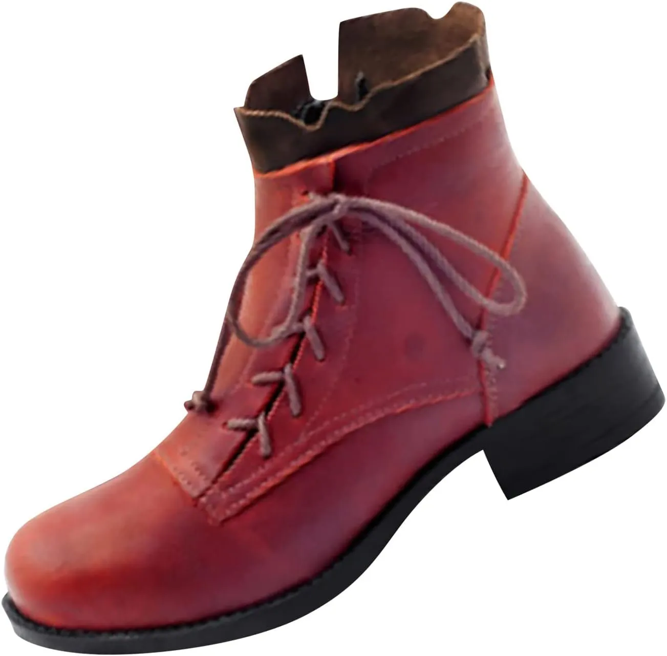 oiangi Chunky Boots for Women - Fashion Bandage Lace Up Side Zipper Ankle Booties Round Toe Mid Heel Mid Calf Boots Comfortable Casual Warm Shoes