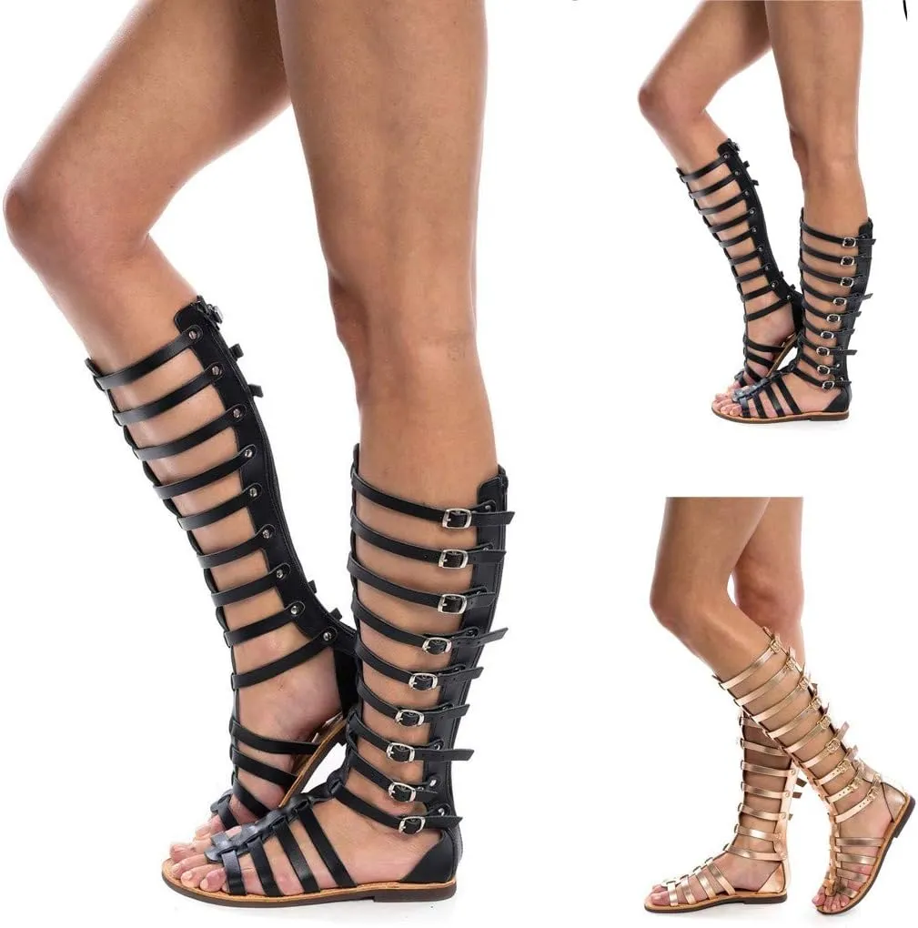 Sandals for Women Lace Up,Gladiator Sandals Platform Summer Beach Strappy Criss Cross Open Toe Knee High Flat Sandal