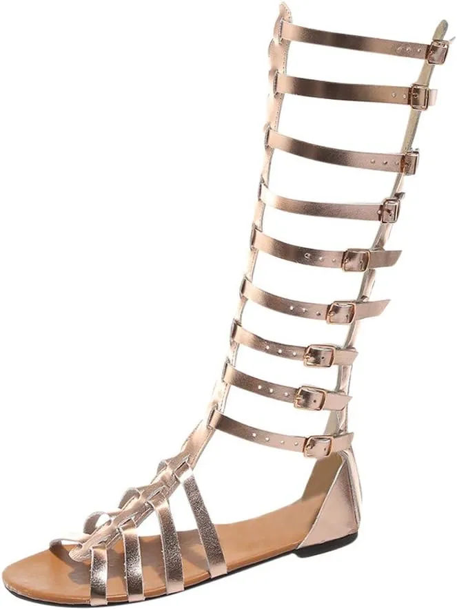 Sandals for Women Lace Up,Gladiator Sandals Platform Summer Beach Strappy Criss Cross Open Toe Knee High Flat Sandal
