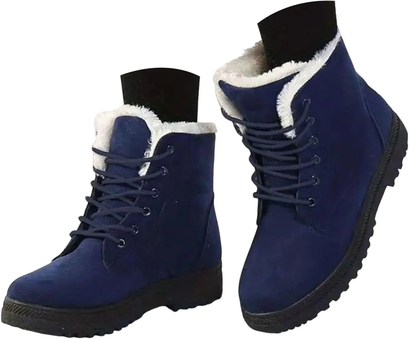 Winter Boots for Women Wide Width,Warm Fur Lined Snow Boots Casual Lace Up Ankle Boots Platform Round ToeFlat Boots