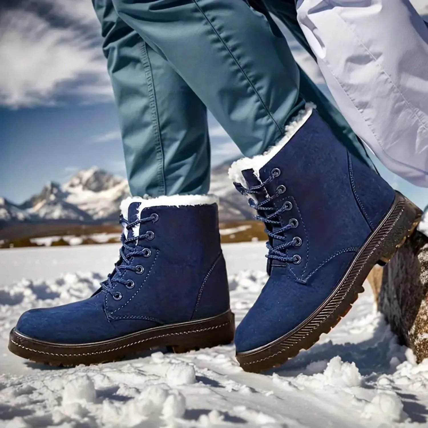 Winter Boots for Women Wide Width,Warm Fur Lined Snow Boots Casual Lace Up Ankle Boots Platform Round ToeFlat Boots