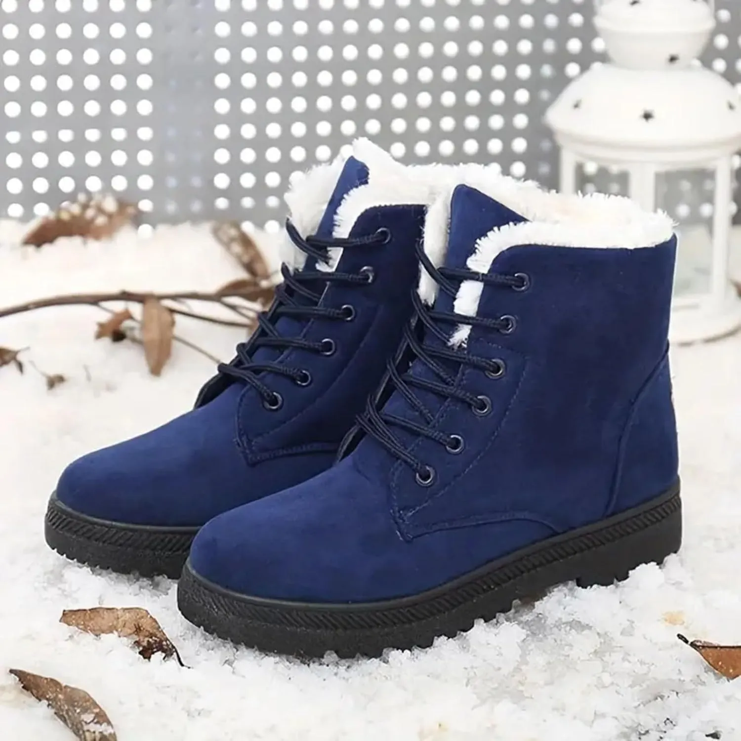 Winter Boots for Women Wide Width,Warm Fur Lined Snow Boots Casual Lace Up Ankle Boots Platform Round ToeFlat Boots