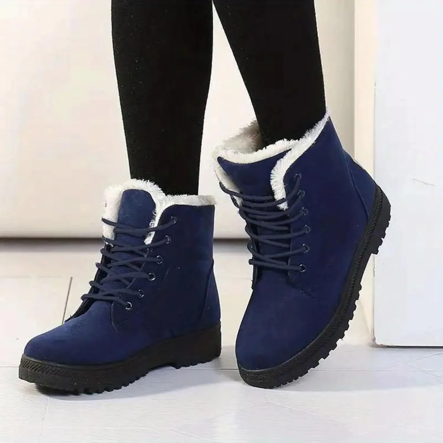 Winter Boots for Women Wide Width,Warm Fur Lined Snow Boots Casual Lace Up Ankle Boots Platform Round ToeFlat Boots